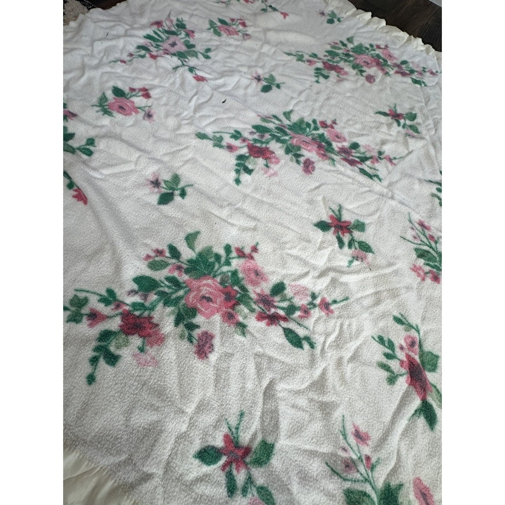 Vintage 70s Pink Rose Twin Size Acrylic Blanket Satin Trim 64x70 Cottagecore - Picture 6 of 8